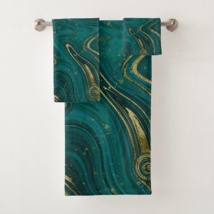Modern Elegant Teal Green & Gold Marble Swirl Bath Towel Set