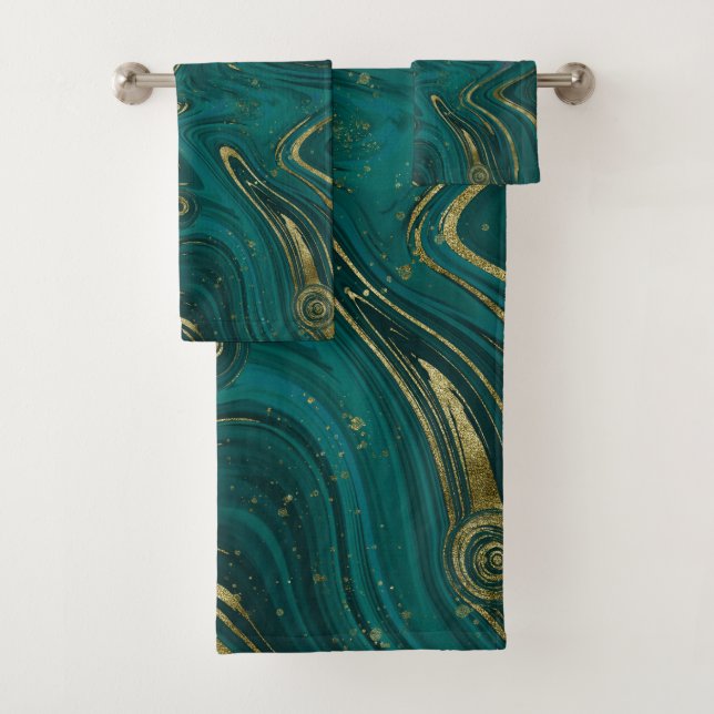 Modern Elegant Teal Green & Gold Marble Swirl  Bath Towel Set (Insitu)