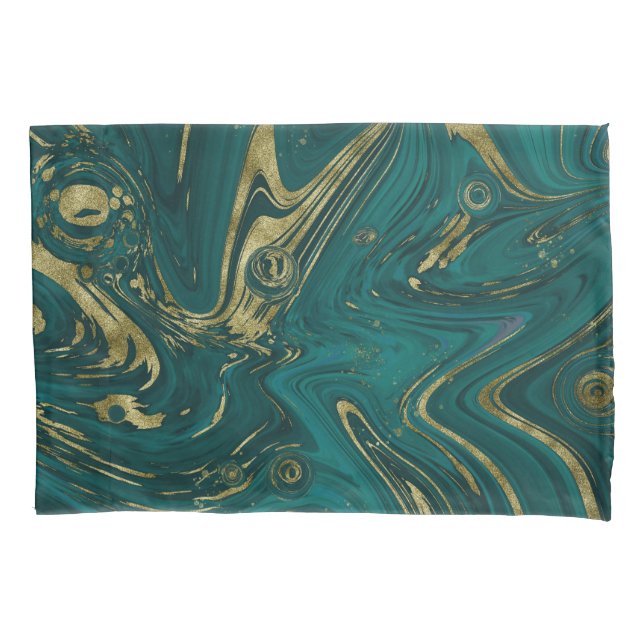 Modern Elegant Teal Green & Gold Marble Swirl   Pillowcase (Front)