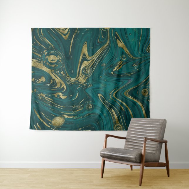 Modern Elegant Teal Green & Gold Marble Swirl   Tapestry (In Situ (Horizontal))