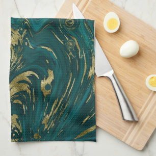 Modern Elegant Teal Green & Gold Marble Swirl    Tea Towel