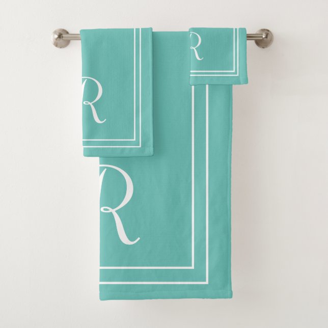 Modern Elegant Teal & White Monogram Bath Towel Set (Insitu)
