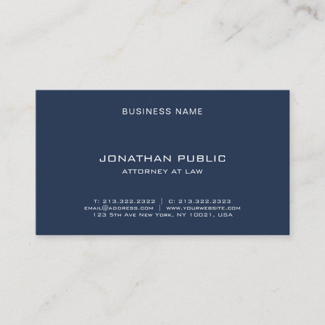 Modern Elegant Template Attorney Lawyer Navy Blue Business Card (Front)