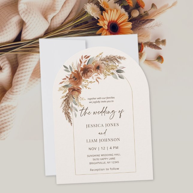 Modern Elegant Terracotta Fall Floral Wedding  Invitation (Boho Burnt Orange Fall Floral Wedding Invitation)