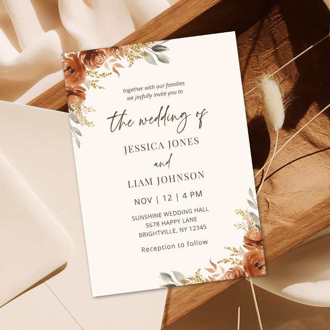 Modern Elegant Terracotta Fall Floral Wedding  Invitation (Modern Elegant Terracotta Fall Floral Wedding Invitation)