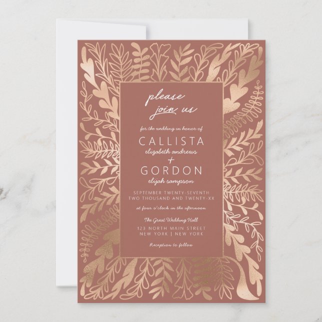 Modern Elegant Terracotta Gold Floral Leaf Wedding Invitation (Front)