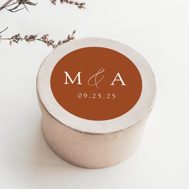 Modern Elegant Terracotta Monogram Wedding Classic Round Sticker (Creator Uploaded)
