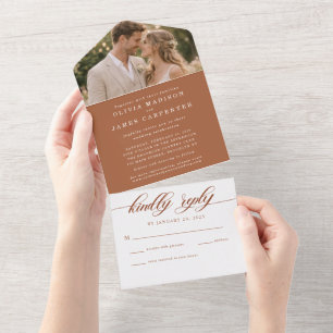 Modern Elegant Terracotta Photo RSVP Wedding All I In One Invitation