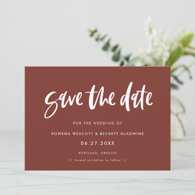 Modern elegant terracotta save the date (Standing Front)