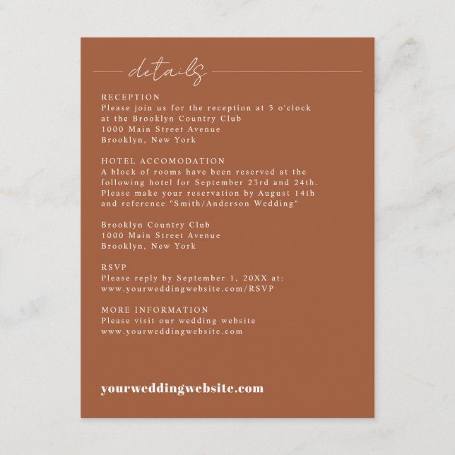 Modern Elegant Terracotta Script Wedding Details E Enclosure Card (Front)