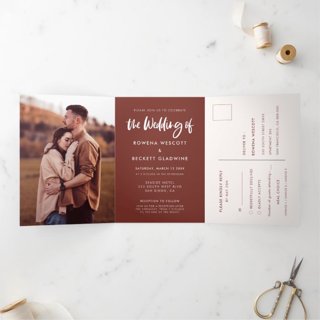 Modern elegant terracotta wedding photo Tri-Fold invitation (Inside)