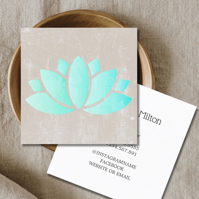 Modern Elegant Texture Beige Blue Lotus Yoga Square Business Card (Creator Uploaded)