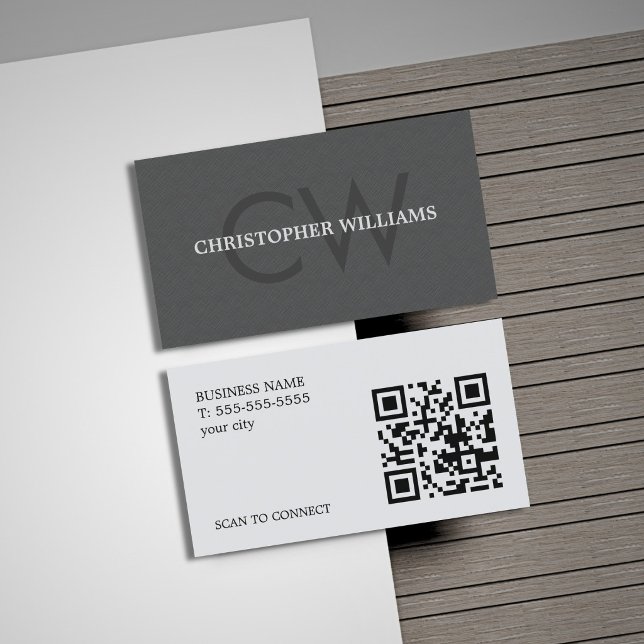 Modern Elegant Texture Grey Monogram QR Code Business Card (Creator Uploaded)