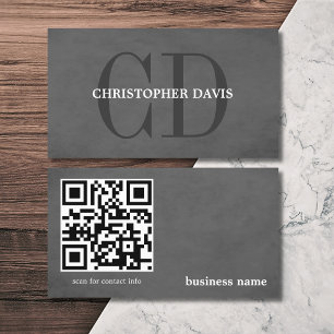 Modern Elegant Texture Grey Monogram QR code Business Card