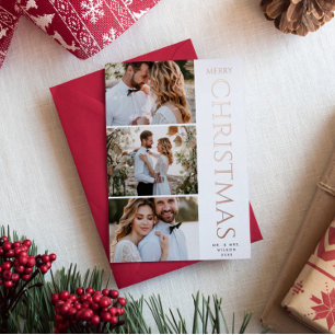 Modern Elegant   Three Photo White Christmas Foil Holiday Card
