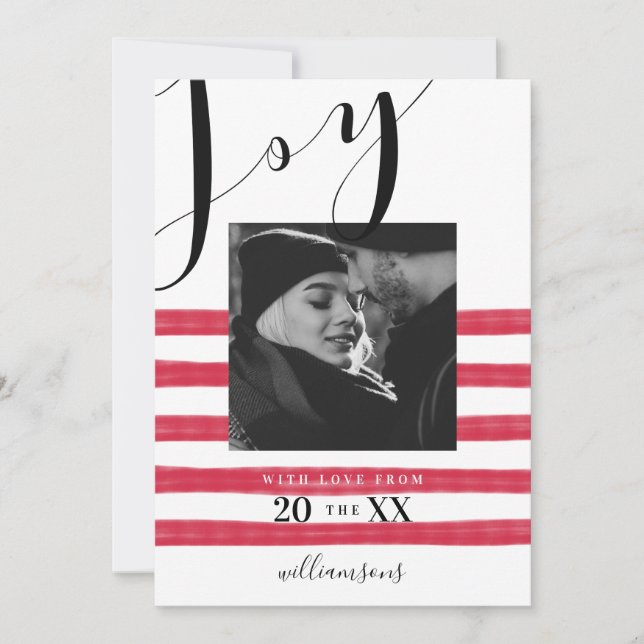 Modern, Elegant & Trendy Black & Red Stripe Photo Holiday Card (Front)