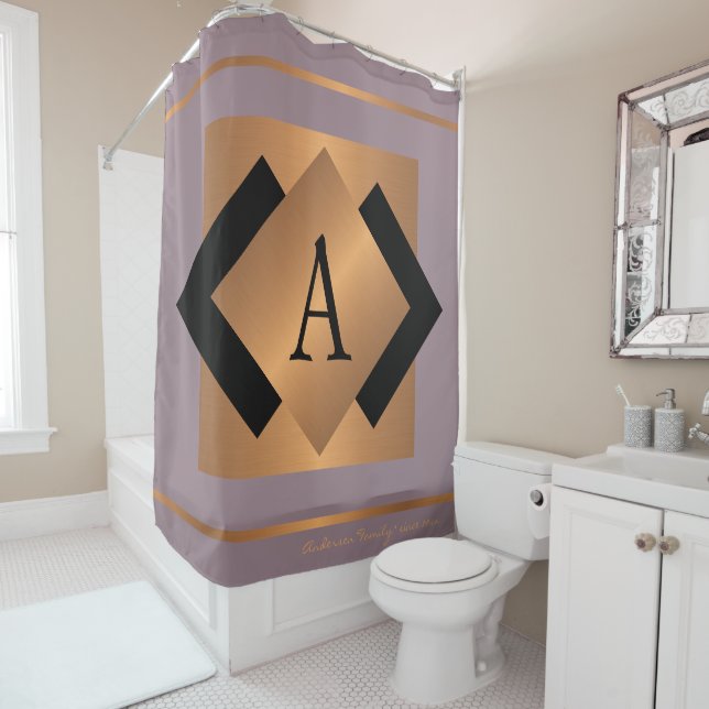 Modern elegant trendy gold monogrammed black chic shower curtain (In Situ)