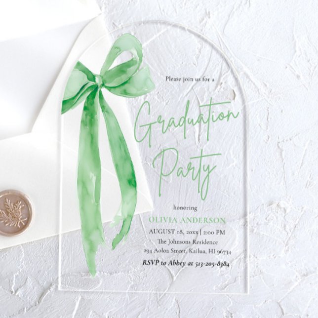 Modern Elegant Trendy Green Bow Graduation Arched Acrylic Invitations (Creator Uploaded)