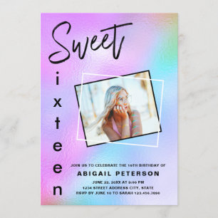 Modern elegant trendy holographic sweet sixteen invitation