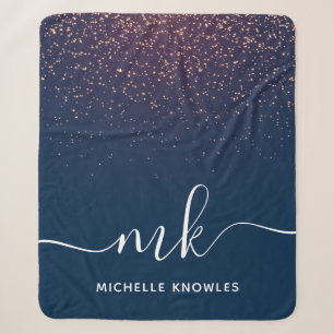 Modern Elegant Trendy Navy Glitter Monogram Sherpa Blanket