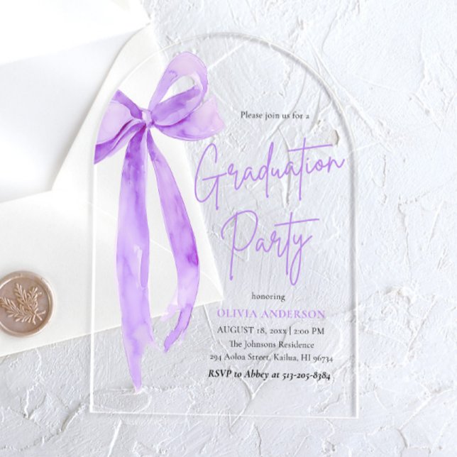 Modern Elegant Trendy Purple Bow Graduation Arched Acrylic Invitations (Creator Uploaded)