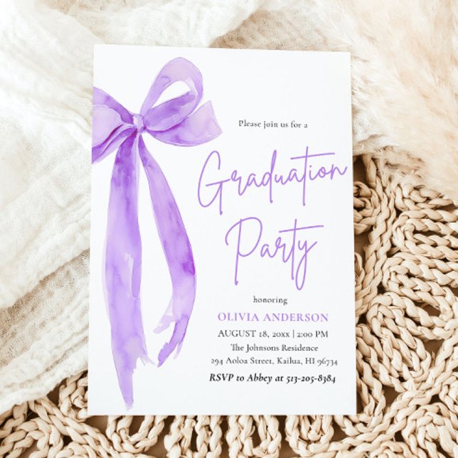 Modern Elegant Trendy Purple Bow Graduation Invitation (Creator Uploaded)