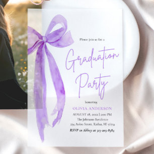 Modern Elegant Trendy Purple Bow Graduation Vellum Invitations