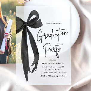 Modern Elegant Trendy Stylish Black Bow Graduation Vellum Invitations