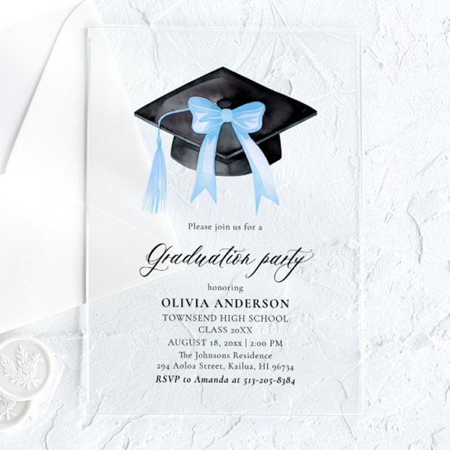 Modern Elegant Trendy Stylish Blue Bow Graduation Acrylic Invitations (Creator Uploaded)