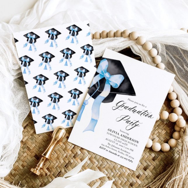 Modern Elegant Trendy Stylish Blue Bow Graduation Invitation (Watercolor Modern Elegant Trendy Stylish Blue Bow Graduation Invitation)