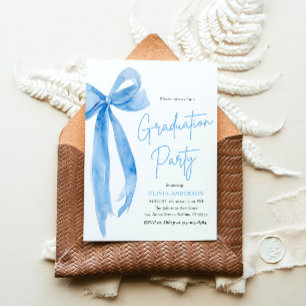 Modern Elegant Trendy Stylish Blue Bow Graduation Invitation