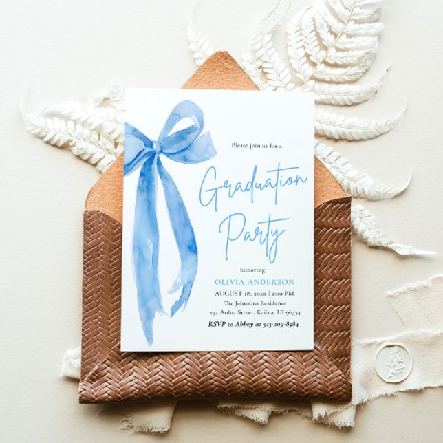 Modern Elegant Trendy Stylish Blue Bow Graduation Invitation (Creator Uploaded)