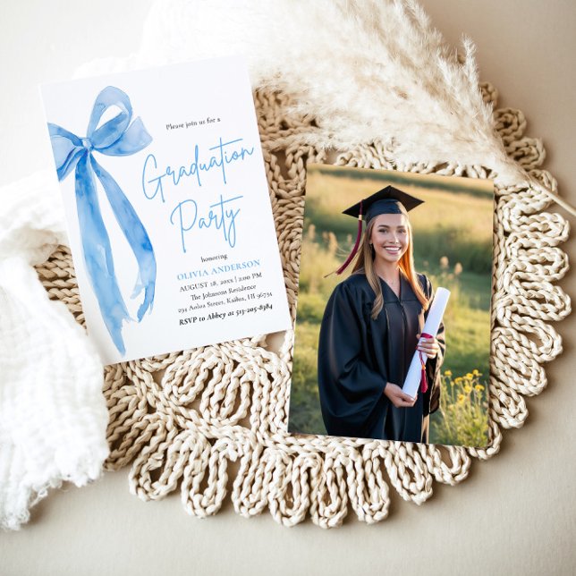 Modern Elegant Trendy Stylish Blue Bow Graduation Invitation (Creator Uploaded)
