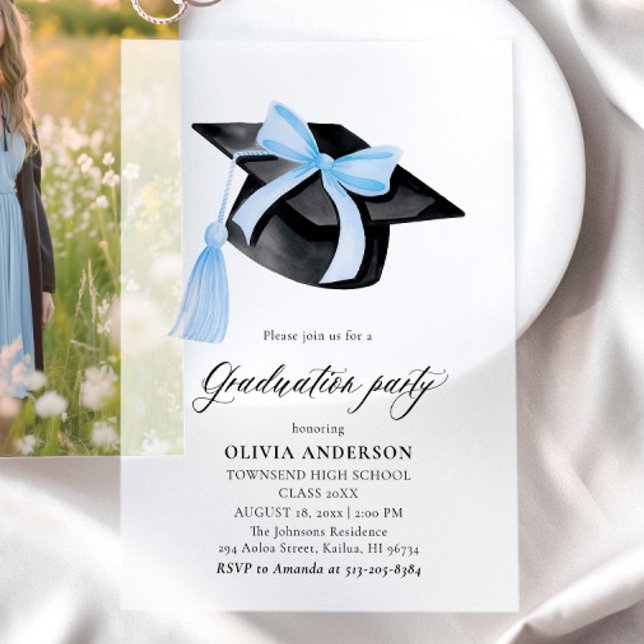 Modern Elegant Trendy Stylish Blue Bow Graduation Vellum Invitations (Watercolor Modern Elegant Trendy Stylish Dusty Blue Bow Graduation Vellum Invitations)