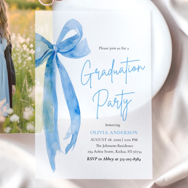Modern Elegant Trendy Stylish Blue Bow Graduation Vellum Invitations (Creator Uploaded)