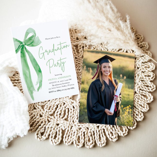 Modern Elegant Trendy Stylish Green Bow Graduation Invitation (Creator Uploaded)
