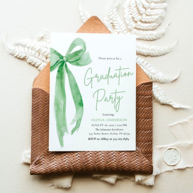 Modern Elegant Trendy Stylish Green Bow Graduation Invitation (Creator Uploaded)