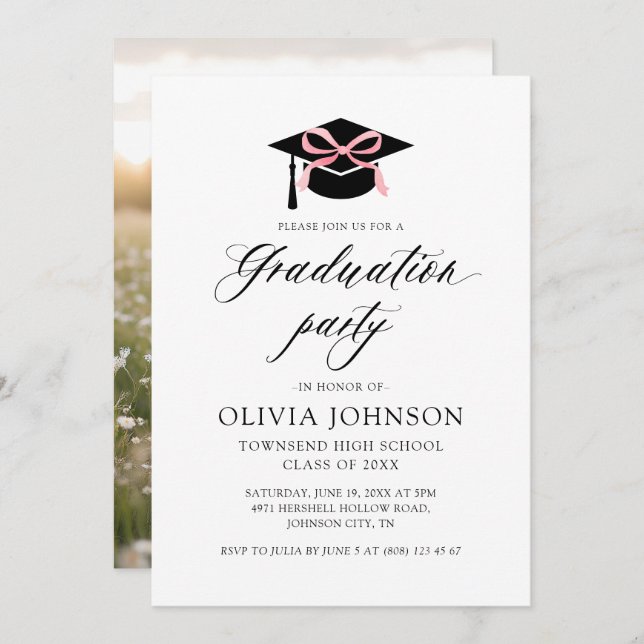Modern Elegant Trendy Stylish Pink Bow Graduation  Invitation (Front/Back)