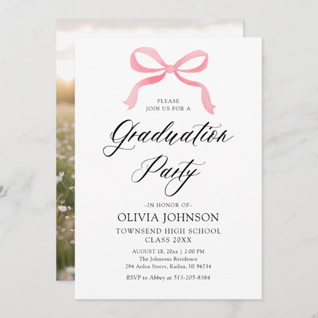Modern Elegant Trendy Stylish Pink Bow Graduation Invitation (Front/Back)