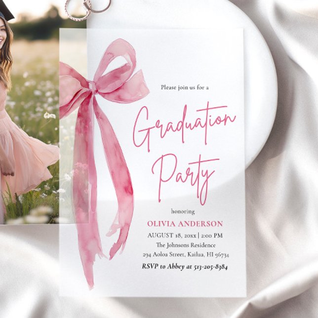 Modern Elegant Trendy Stylish Pink Bow Graduation Vellum Invitations (Creator Uploaded)