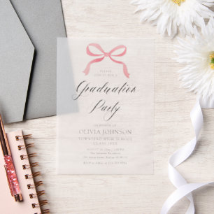 Modern Elegant Trendy Stylish Pink Bow Graduation Vellum Invitations