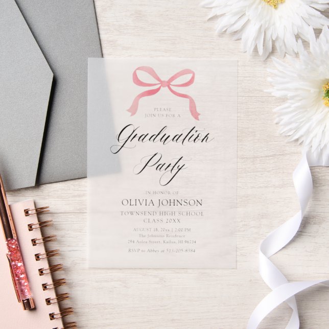 Modern Elegant Trendy Stylish Pink Bow Graduation Vellum Invitations (Wedding)