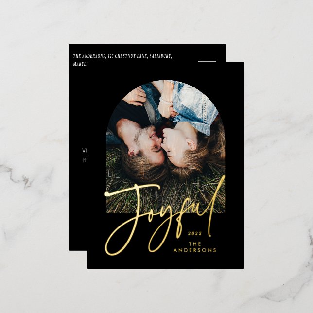Modern elegant trendy typography black 1 photo foil holiday postcard (Front/Back)