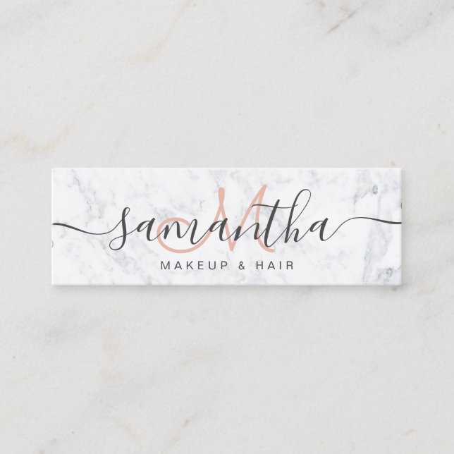 Modern elegant trendy white marble makeup hair mini business card (Front)