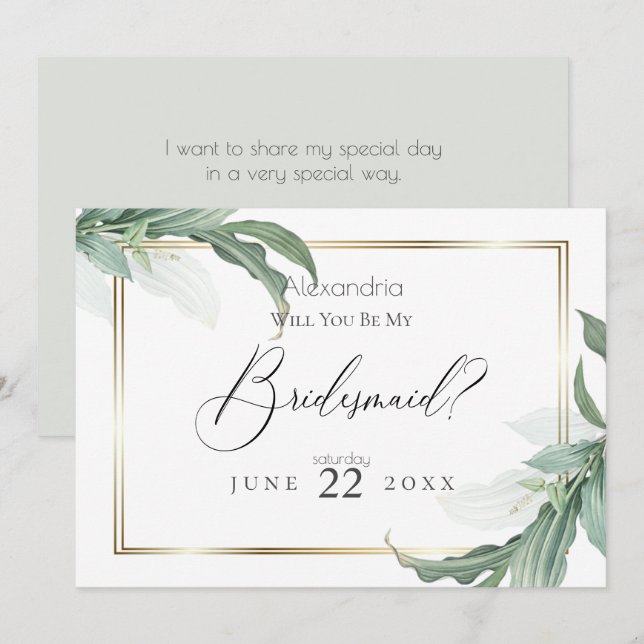 Modern Elegant Tropical Leaves Be My Bridesmaid Invitation (Front/Back)