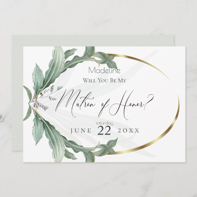 Modern Elegant Tropical Leaves My Matron of Honour Invitation (Front/Back)