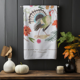 Modern Elegant Turkey Thanksgiving Botanical Tea Towel
