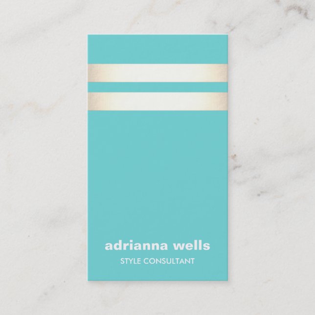 Modern  Elegant Turquoise Blue Faux Gold Striped Business Card (Front)