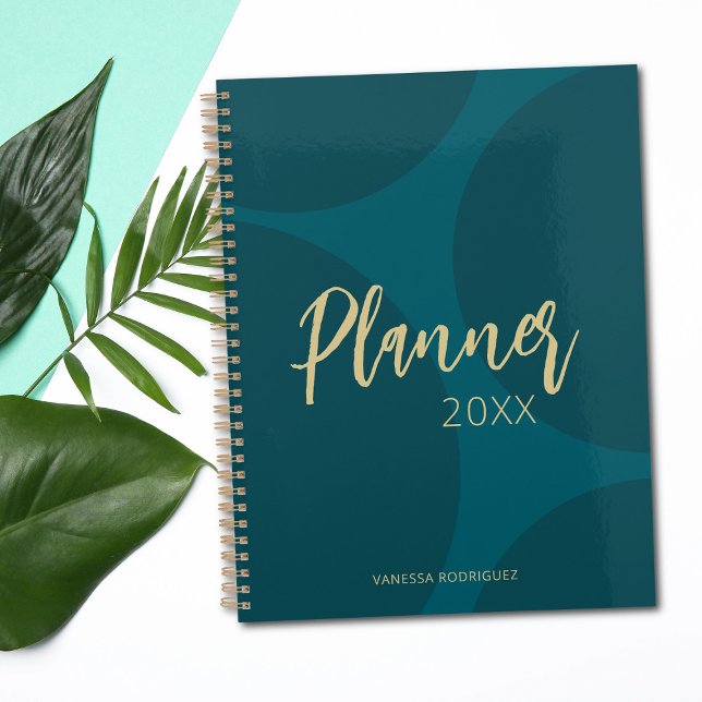 Modern Elegant Turquoise Green Gold Script  Planner (Chic Elegant Turquoise Green Gold Script Planner For Her)