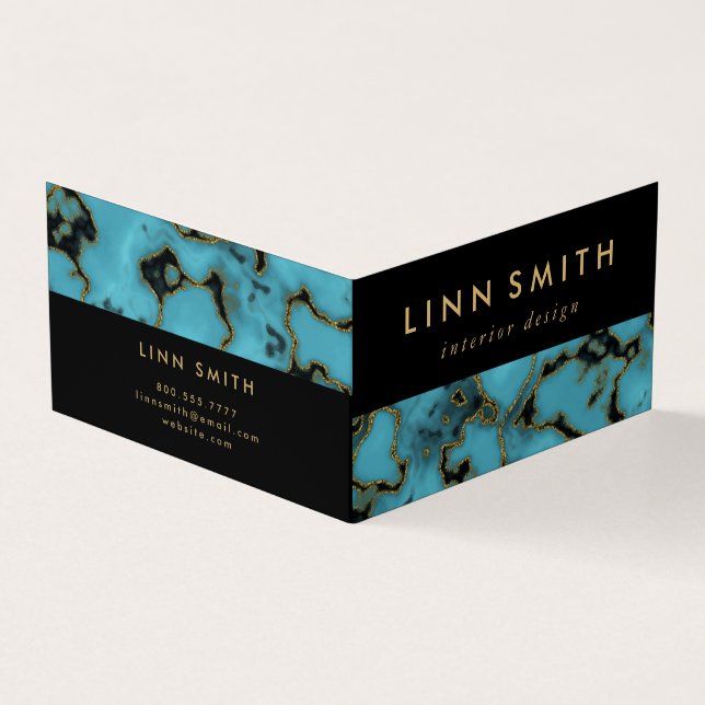 Modern Elegant Turquoise Stone Gold and Black Business Card (Outside)
